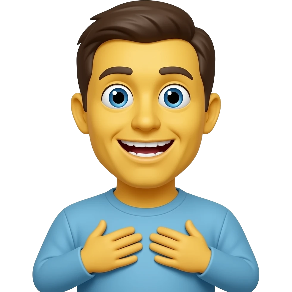 Yellow emoji face, buck teeth, eyes whacked out. Hands perpendicular to chest as people with special needs do emoji