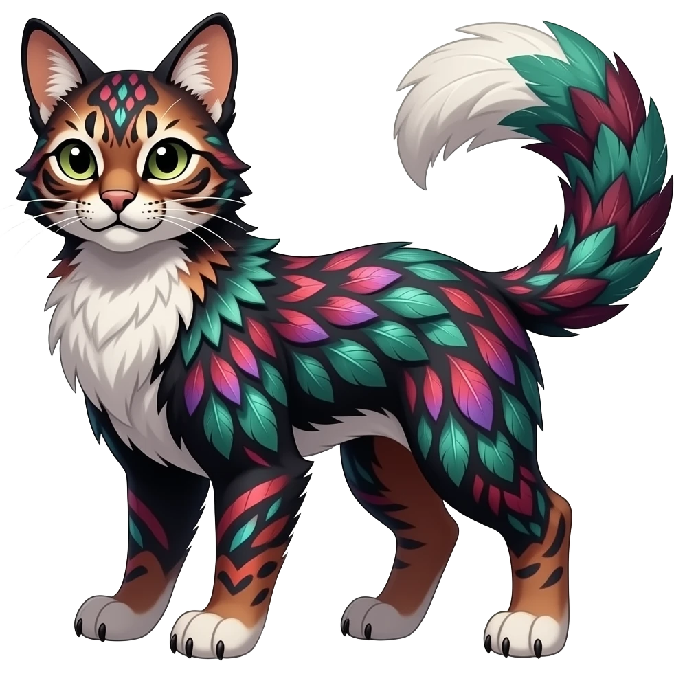 Colorful dark tropical feathery tribal dark burgundy wine-red obsidian-black jade-green white glorious iridescent divine exotic cute cool beautiful beautiful fantasy-caracal-civet-genet-sergal-vernid-Gryphon-Cacomistle-Trico-oncilla-animal-Fakémon-hybrid-fursona (full body) emoji