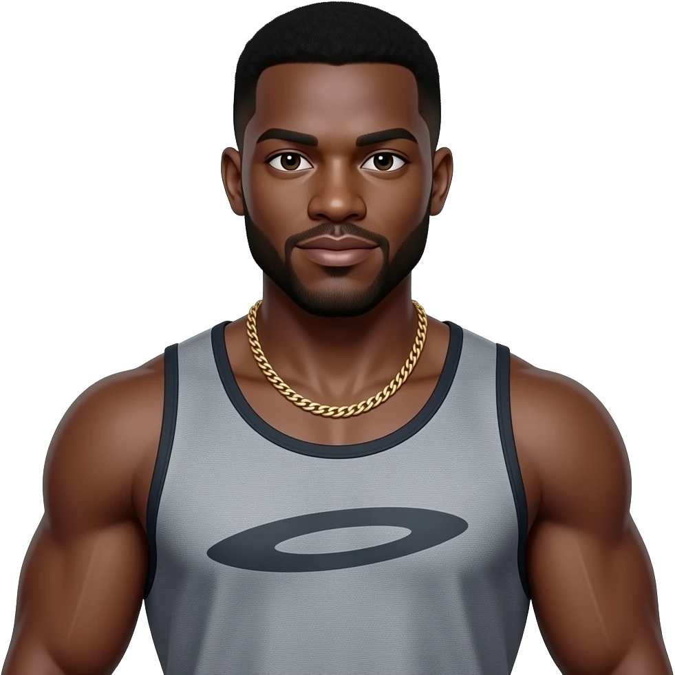 A medium shot captures a powerfully built Black man with a muscular physique, his chest and arms prominently displayed. He wears a gymshark tank top and a simple gold chain around his neck. emoji