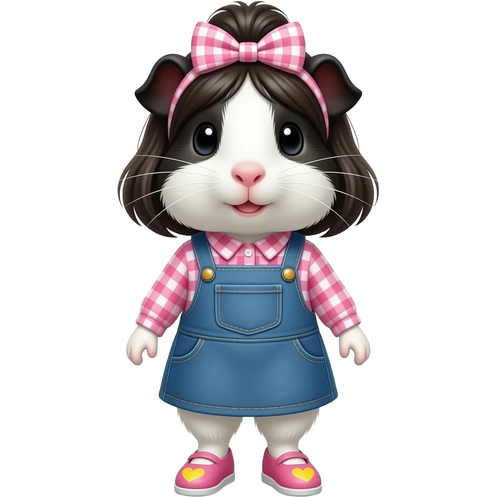 black and white guinea pig with pink long sleeve gingham shirt, jean dress, pink shoes with yellow hearts and a pink gingham bow in hair emoji