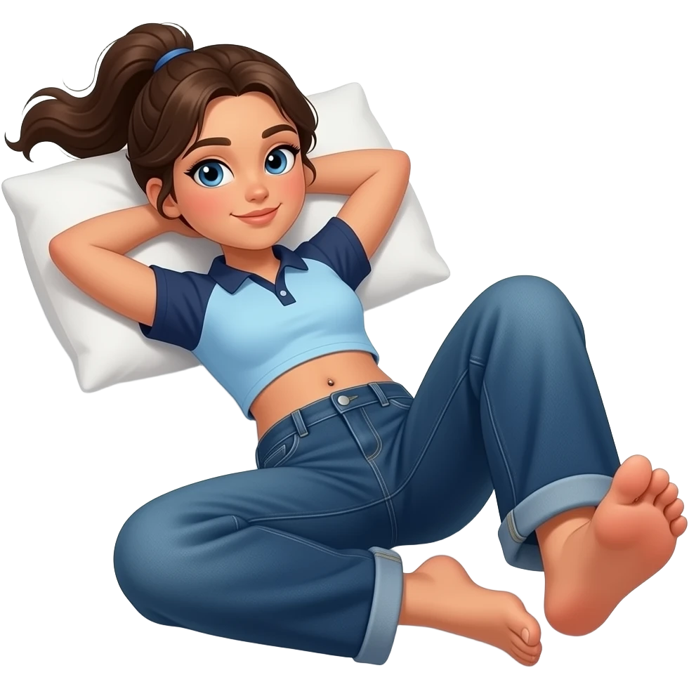 Hispanic girl with brown ponytail and blue eyes light blue and dark blue cropped polo and dark blue baggy jeans and belly button laying down on her pillow on her bed showing her feet rolling her belly emoji