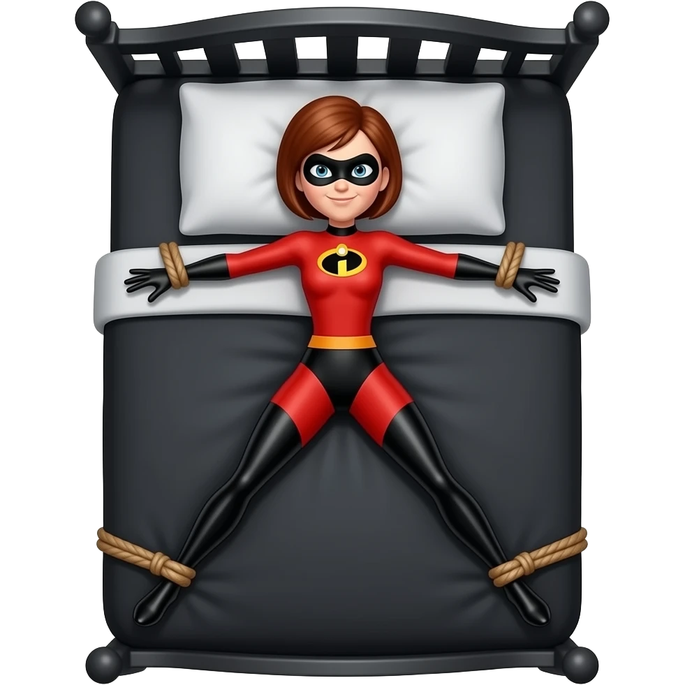 Helen Parr, Mrs. Incredible, Elastigirl, Tied to an all  black bed, legs and arms spread, tied to the corners of the bed emoji
