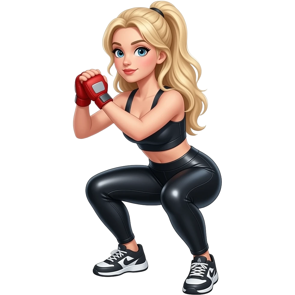 Blonde girl in shiny leather leggings doing squats emoji