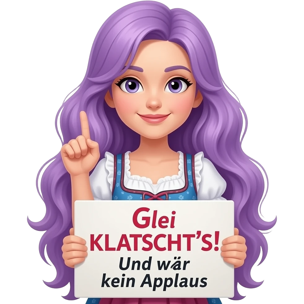 girl with long purple hair wearing a dirndl holding a Glei KLATSCHT'S! Und zwar koan APLLAUS sign emoji