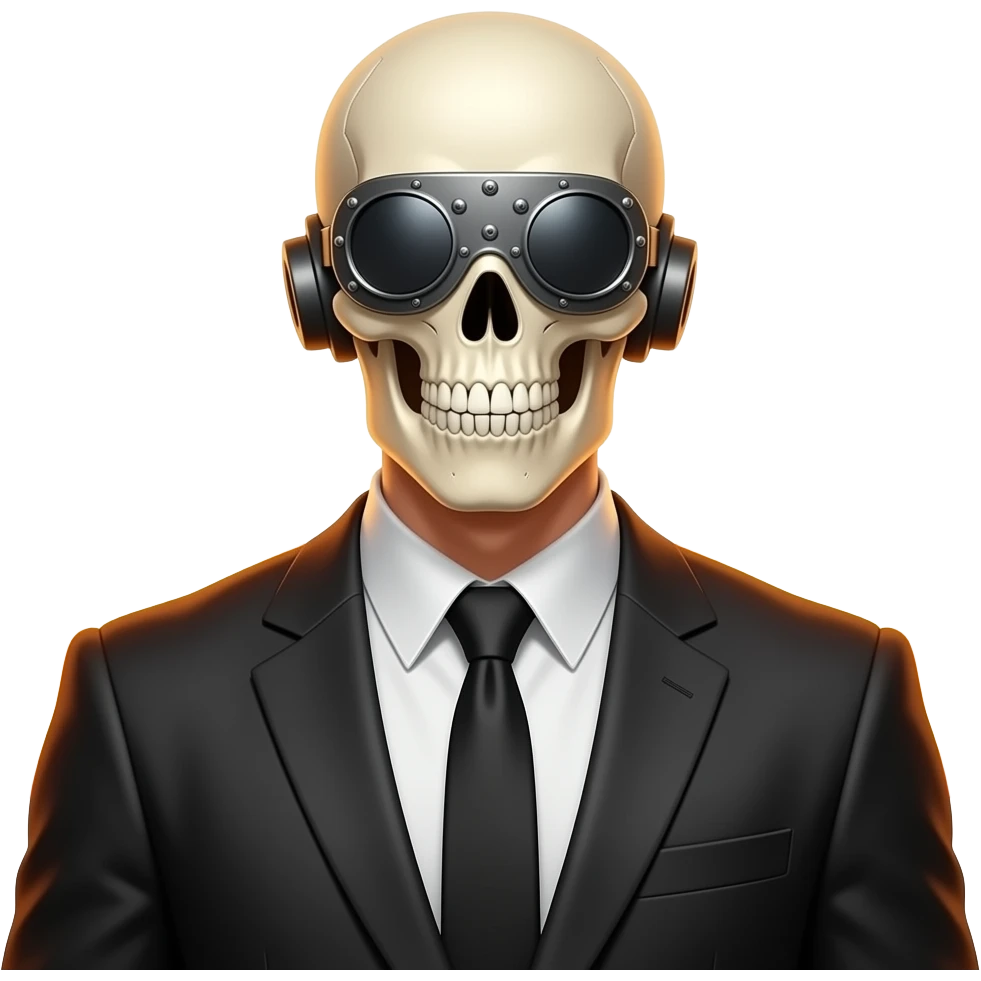 a skeletal figure wearing a suit. His eyes are covered by a riveted-on visor, his mouth is clamped shut and his ears capped. He stands ready to fight. His suit has a warm glow as if surrounded by fire emoji