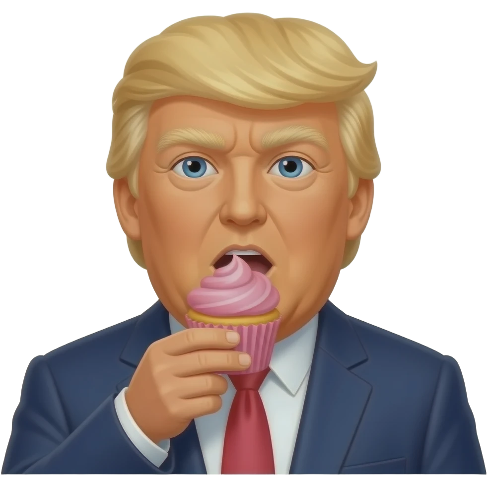 Trump as a cartoon eating pink cup cake emoji