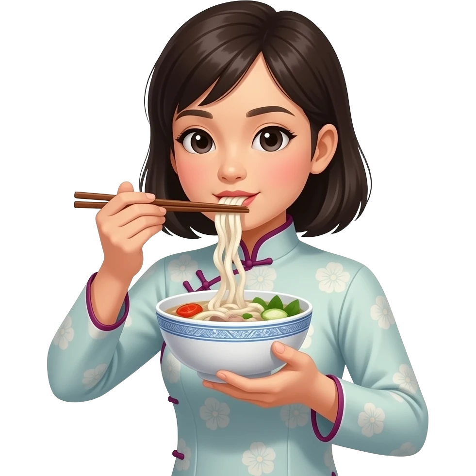 A Vietnamese girl wearing ao dai and slurping phở emoji