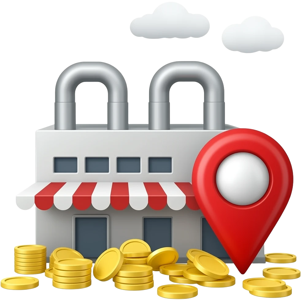 factory with coins and location pin (without background) emoji
