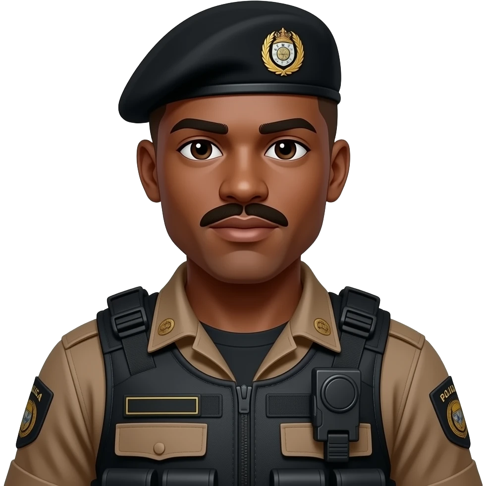 Sargento  Policial militar do Paraná masculino negro de bigode  com cabelo raspado com bigode  boina preta e farda tatica marrom e camiseta preta por dentro da farda, sem detalhes em preto na farda por fora sem nehum prestando continência emoji