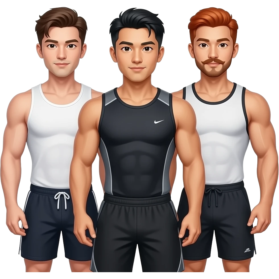 Gay throuple, one white guy with brown hair in a tank top and short shorts, one muscular Asian man with great hair in a gym outfit, and one redhead with a mustache. emoji