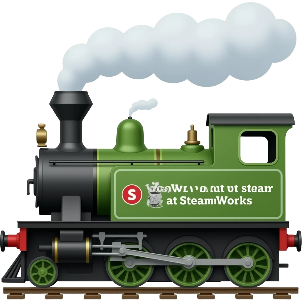 Print text: "Never run out of steam at SteamWorks". Steam train engine with SteamWorks logo.. emoji