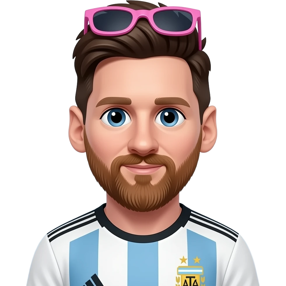 Cute front-facing Messi emoji, brown hair, beard, big eyes, Argentina jersey, soft gradient background. Exactly 1 pink sunglasses, tiny size, on the forehead near the hairline. emoji