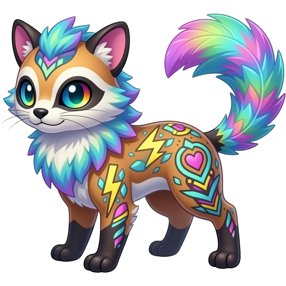 Colorful unique fantasy original shiny smooth soft flurry edgy cool Civet-Absol-Sprigatito-Vaporeon-Fakémon-hybrid with tribal chevron heart floral lightning bolt strikes damask paisley markings emoji