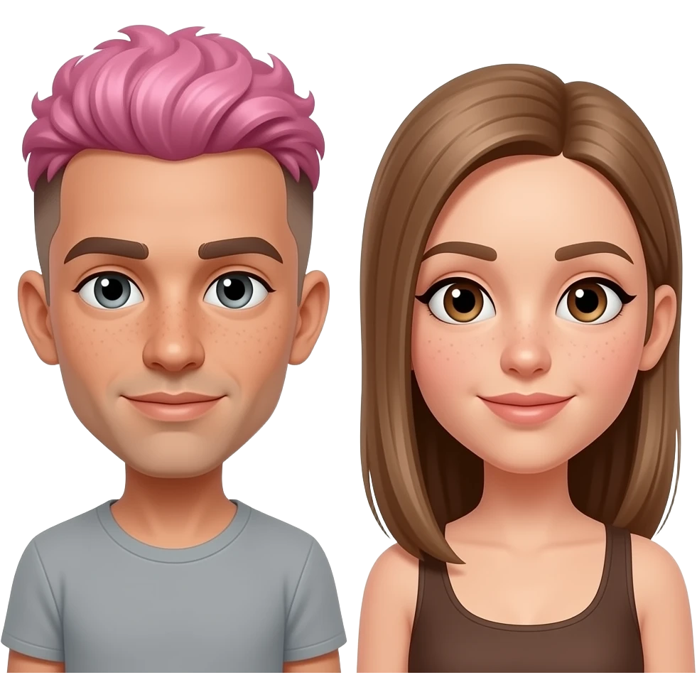 three people: short nonbinary person with short pink hair, brown eyebrows, and a brown undercut with pale skin, gray eyes and freckles, a tall tan man with dark brown eyes + very short curly hair, and a medium height woman with light tan skin, light brown straight long hair, and brown eyes emoji