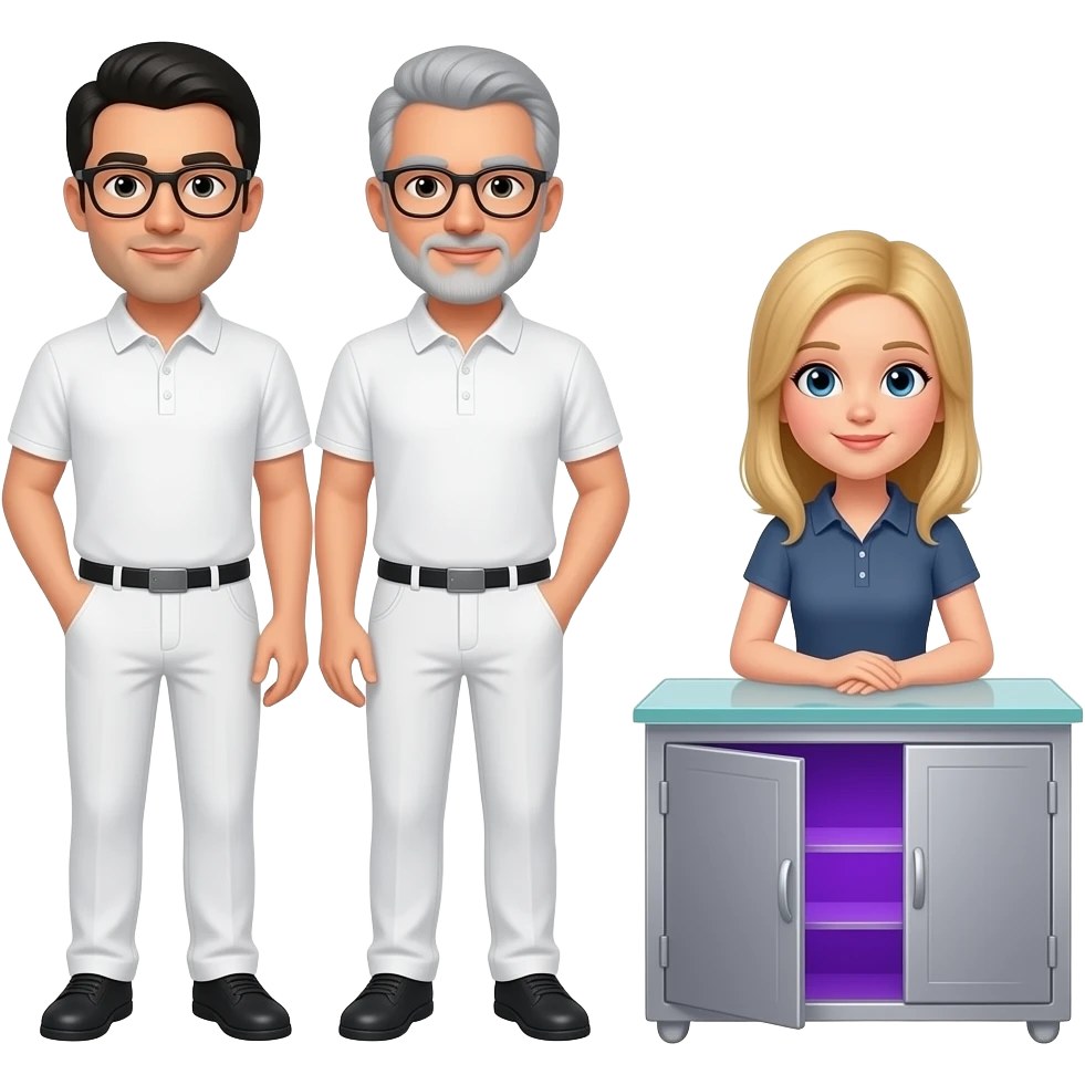 In the background is a silver server cabinet with purple backlighting, in the foreground is a glass table and an imac computer, two men are standing, gray hair, black glasses, black hair, gray glasses, dressed in white pants and a polo shirt, a blonde girl is sitting at the table, emoji