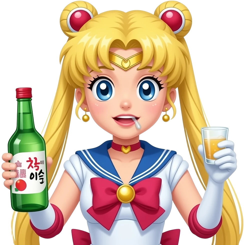 Sailor moon drunk holding a soju bottle in one hand and a shot glass in the other hand emoji