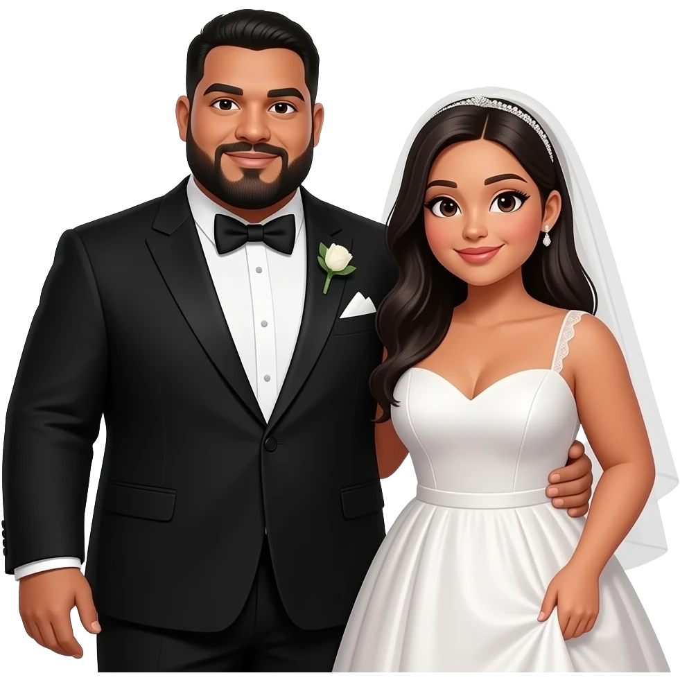 extremely fat chubby couple male: with beard, and afro latino wearing black tuxedo with his arm around chubby woman wearing wedding dress tanned skin long black straight hair emoji
