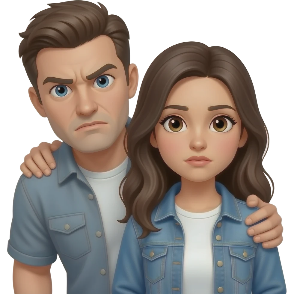 upset defensive guy, suspicious eyes,  peaking on the corner of his eyes at someone outside the screen but to the left side of the screen , , looking someone at the side , back over his shoulder,  protecting poor humble young woman, she has neutral face expression, both wearing street casual clothes emoji