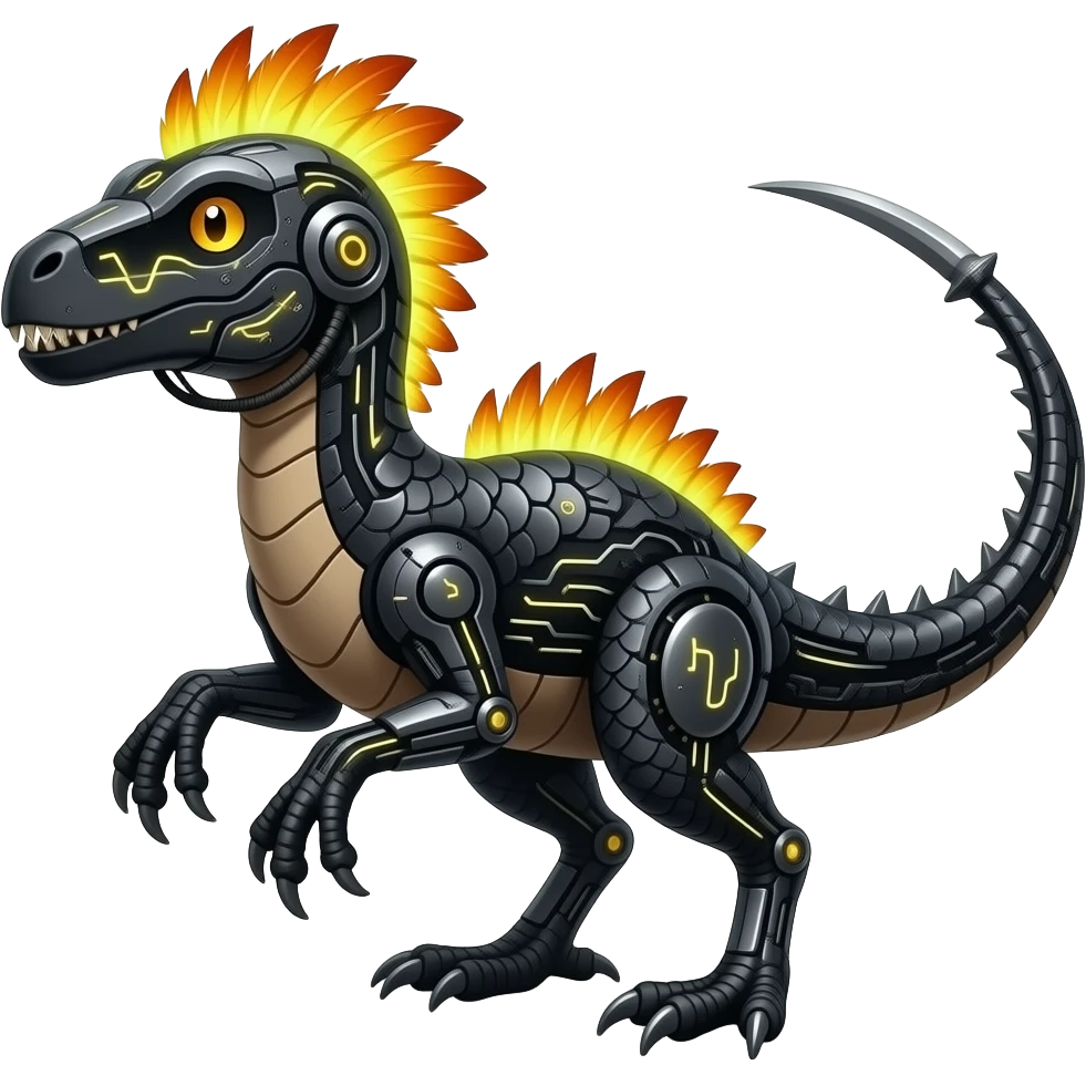 Cool edgy fiery cybernetic electrical visor-helmeted, Circuitry-patterned black-scaled digitigrade futuristic raptorik fantasy-Cyberpunk-Steampunk-Solarpunk-Genesect-Salamence-Cyclizar-Salazzle-Feraligatr-Fakémon-animal-hybrid, with neon feather-mane, and a tail blade, back spikes emoji