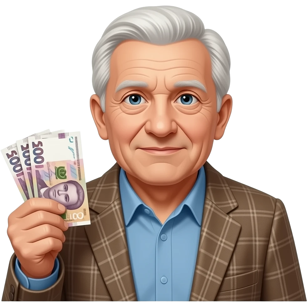 A Ukrainian pensioner with a pack of hryvnias emoji
