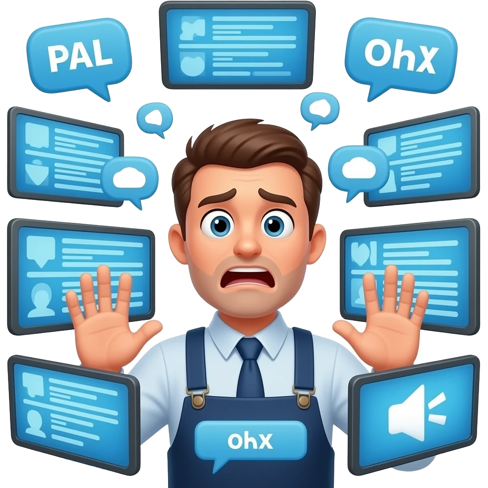 trader surrounded by multiple screens, notifications popping, voices visualized as text floating, chaos increasing, he looks overwhelmed, fast cuts emoji