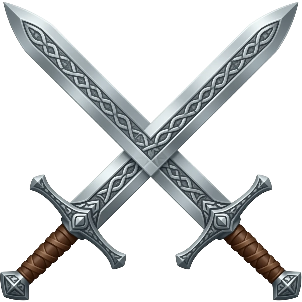 two swords in an X pattern with ornate norse engraving, wooden handles with leather straps emoji