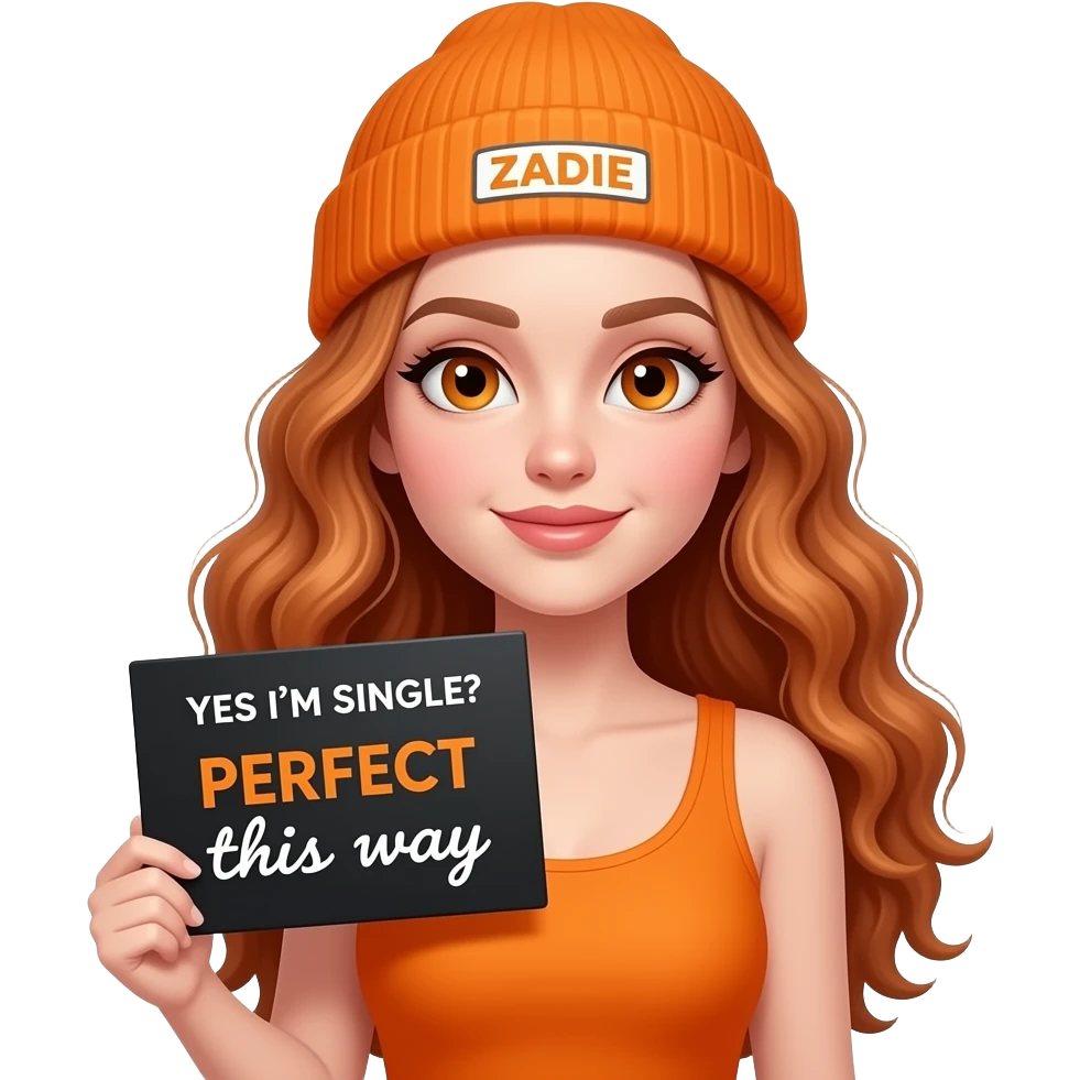 sexy girl with overlong wavy ginger hair and ginger eyes wearing a orange tanktop and a orange beanie with ZADIE written on it, is holding a black sign with YES I'M SINGLE and PERFECT this way written on it emoji