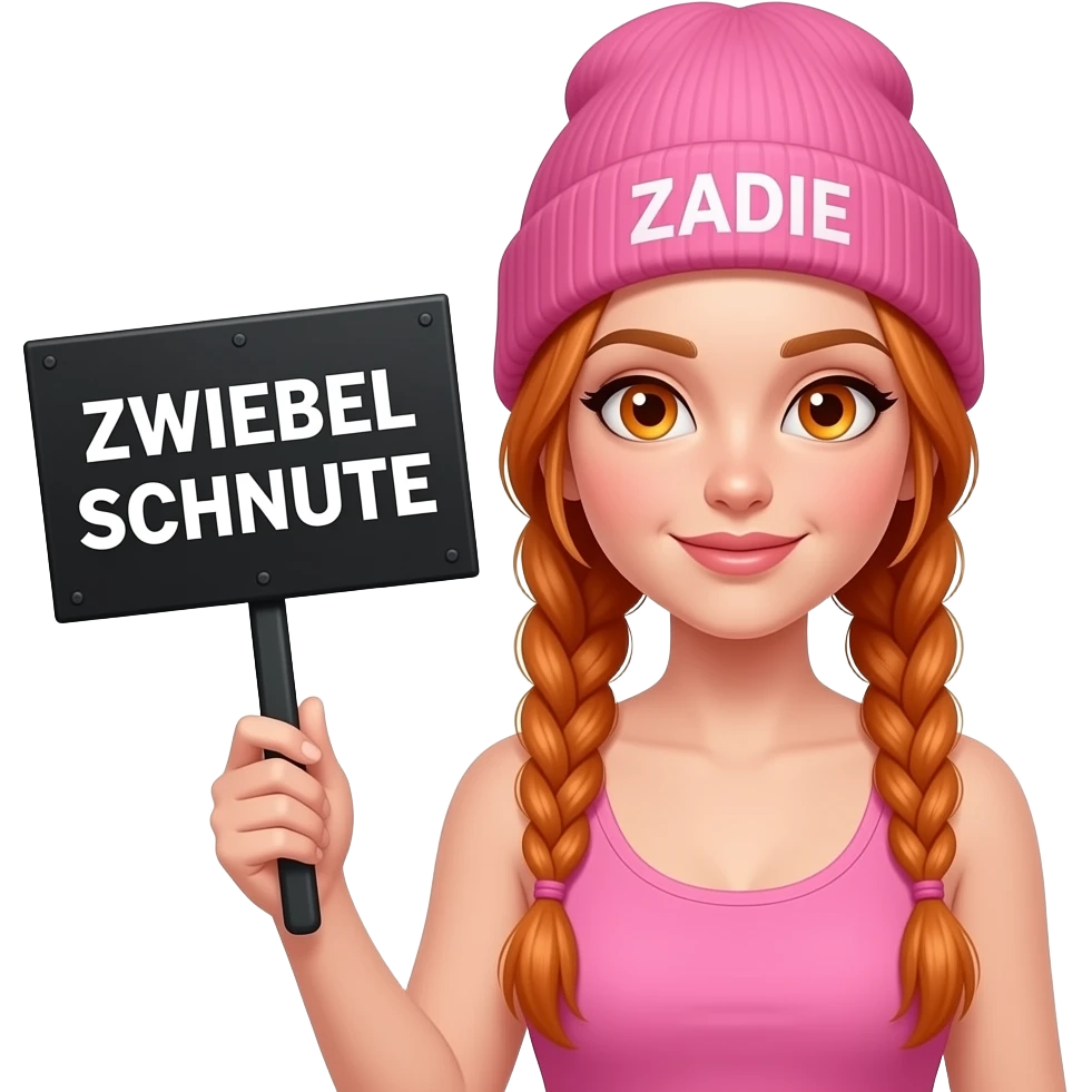 sexy girl with overlong ginger braids and ginger eyes wearing a pink tanktop and a pink beanie with ZADIE written on it, is holding a black sign with ZWIEBEL SCHNUTE written on it emoji