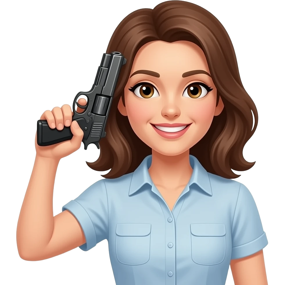 yellow female with brown hair short sleeve shirt emoji 👩🏽 smile 😃 with holding 🔫 to side of head emoji