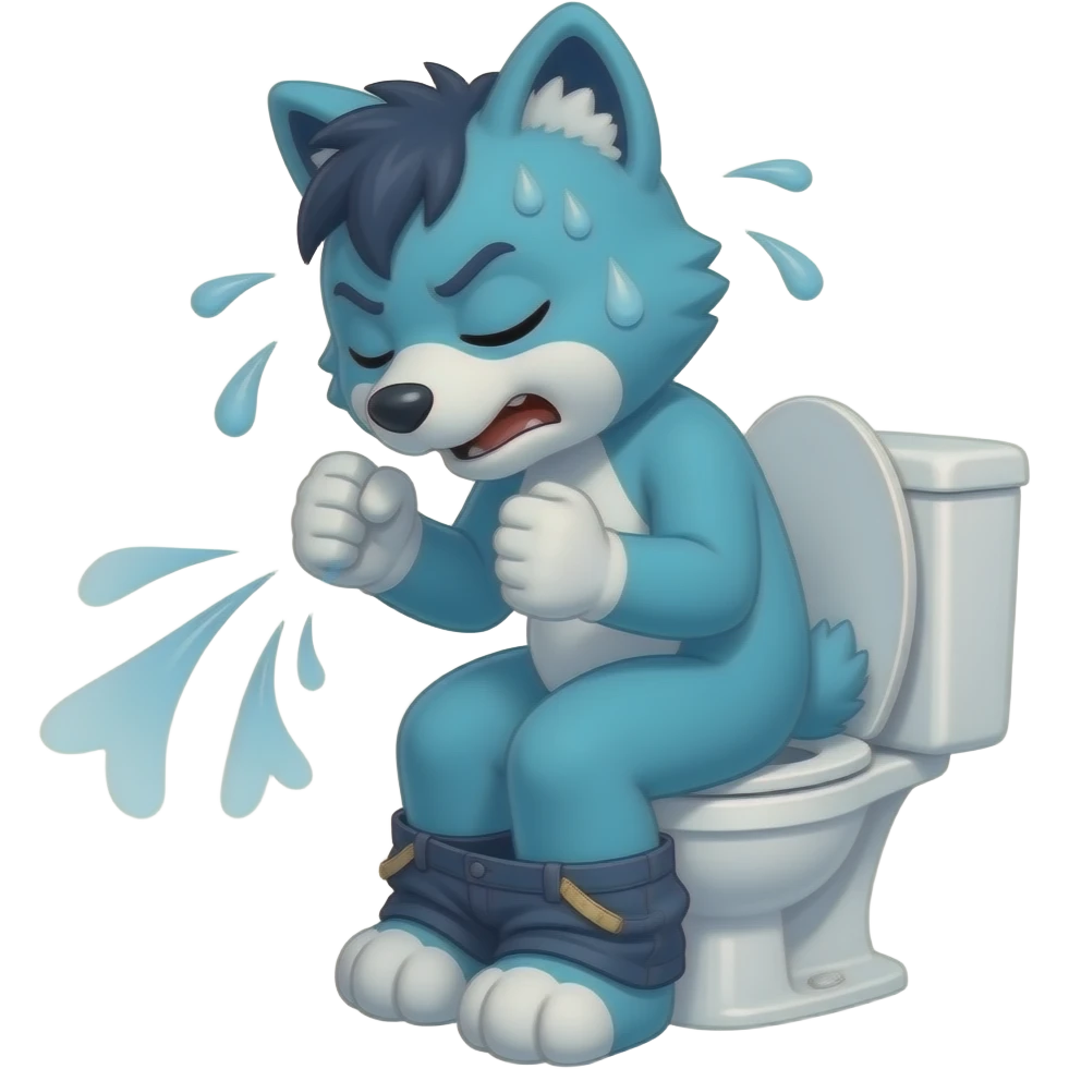 blue fursuit sitting on toilet, side view , pants down, pushing, eyes closed, straining face, pushing, sweating, , both fists, fart emoji