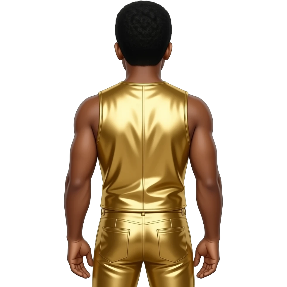 James Brown from behind with short afro, gold metallic vest, gold metallic pants, shirtless emoji
