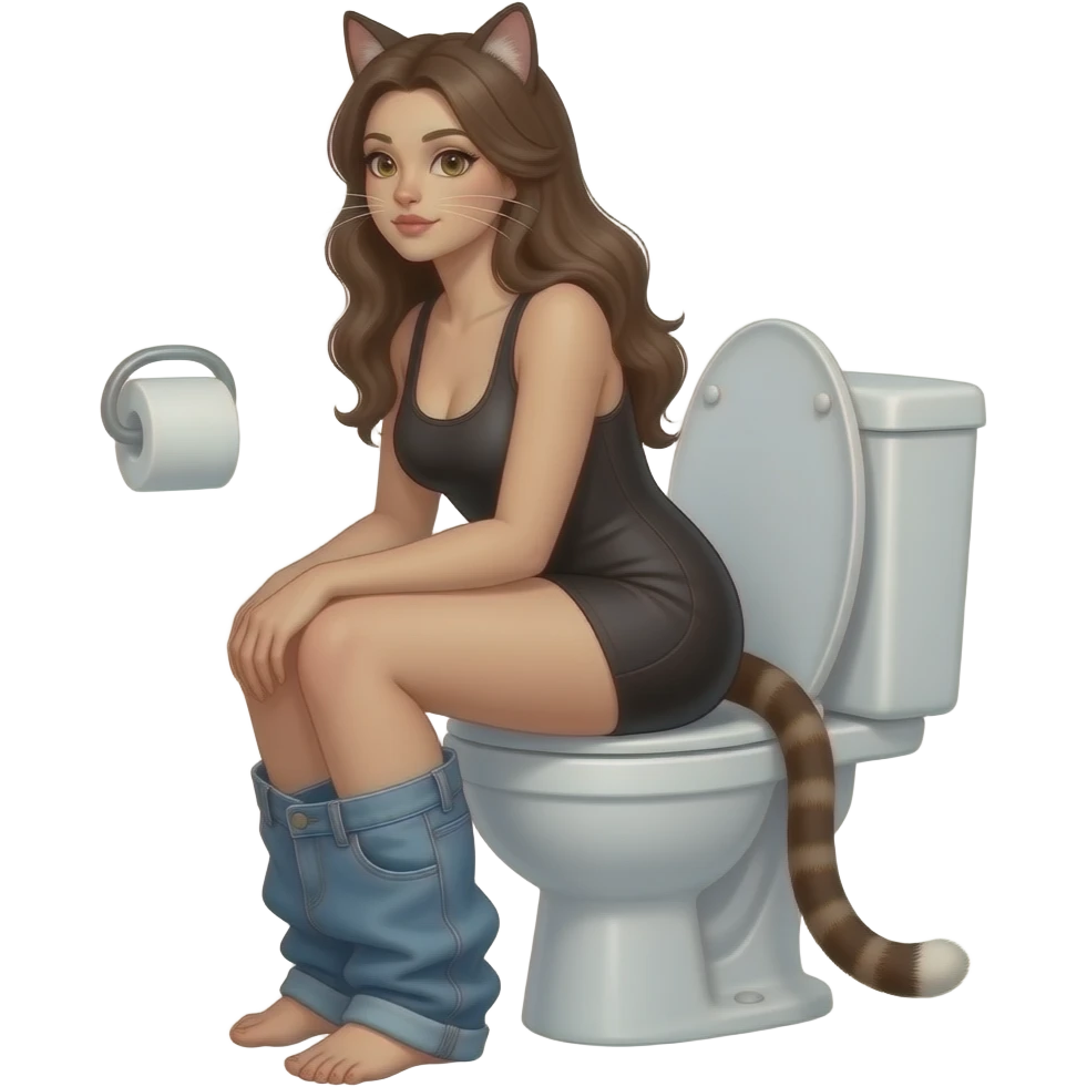 Adult Female dark brown cat furry woman sit on toilet pants down,side view, emoji