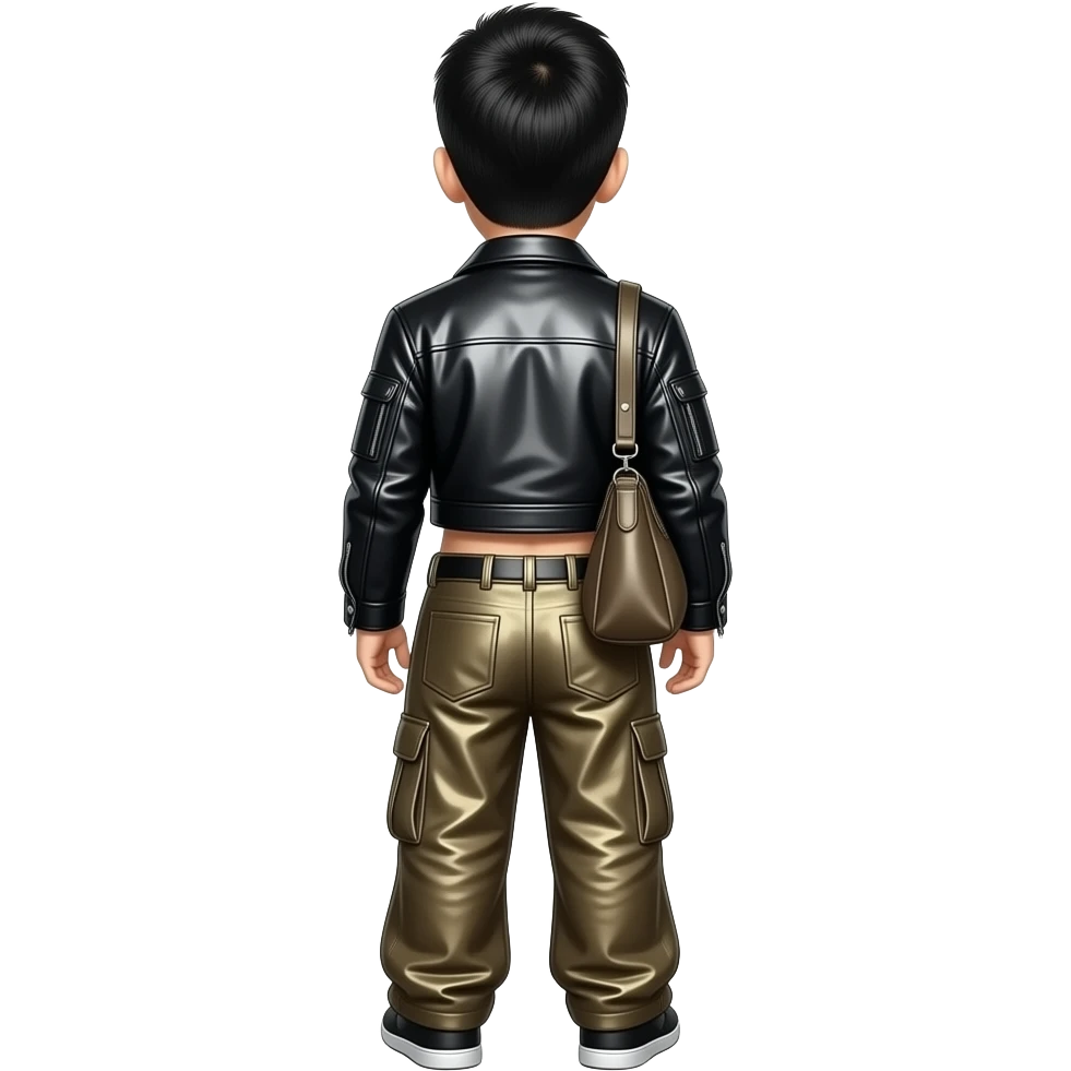 Mike Shinoda from behind with black metallic jacket crop top, dark beige metallic baggy pants emoji