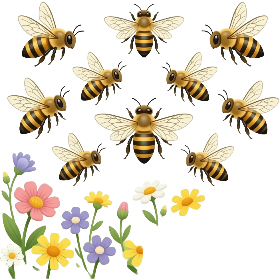 Lots of little bees. Hand drawn patterns. emoji