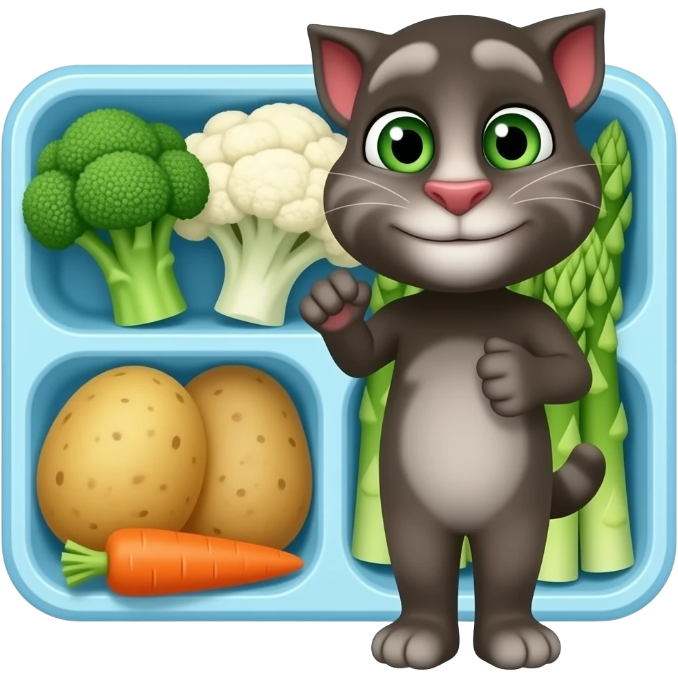 Please broccoli and cauliflower and carrots and potatoes and  asparagus bento box vegetables I like vegetables okay Talking Tom emoji