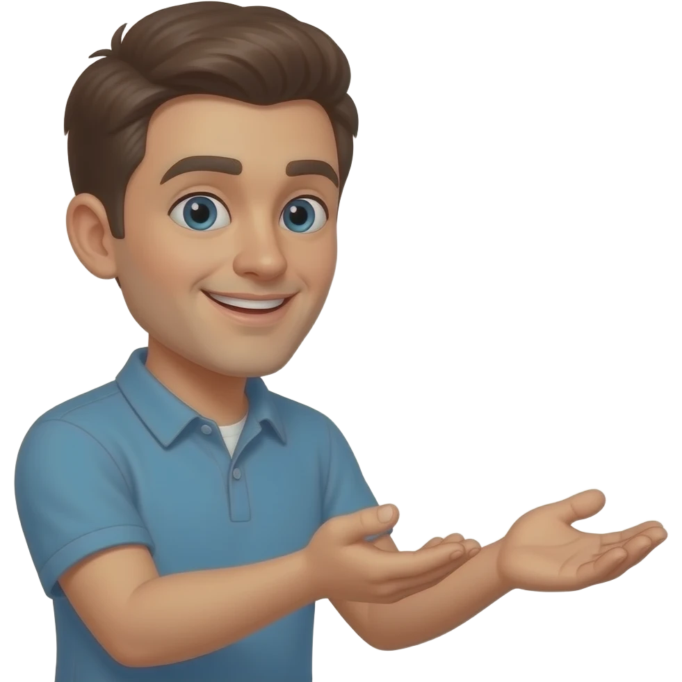 una persona con cara de tonto recibiendo con las manos abiertas, perspectiva de costado izquierdo, con las manos vacias emoji