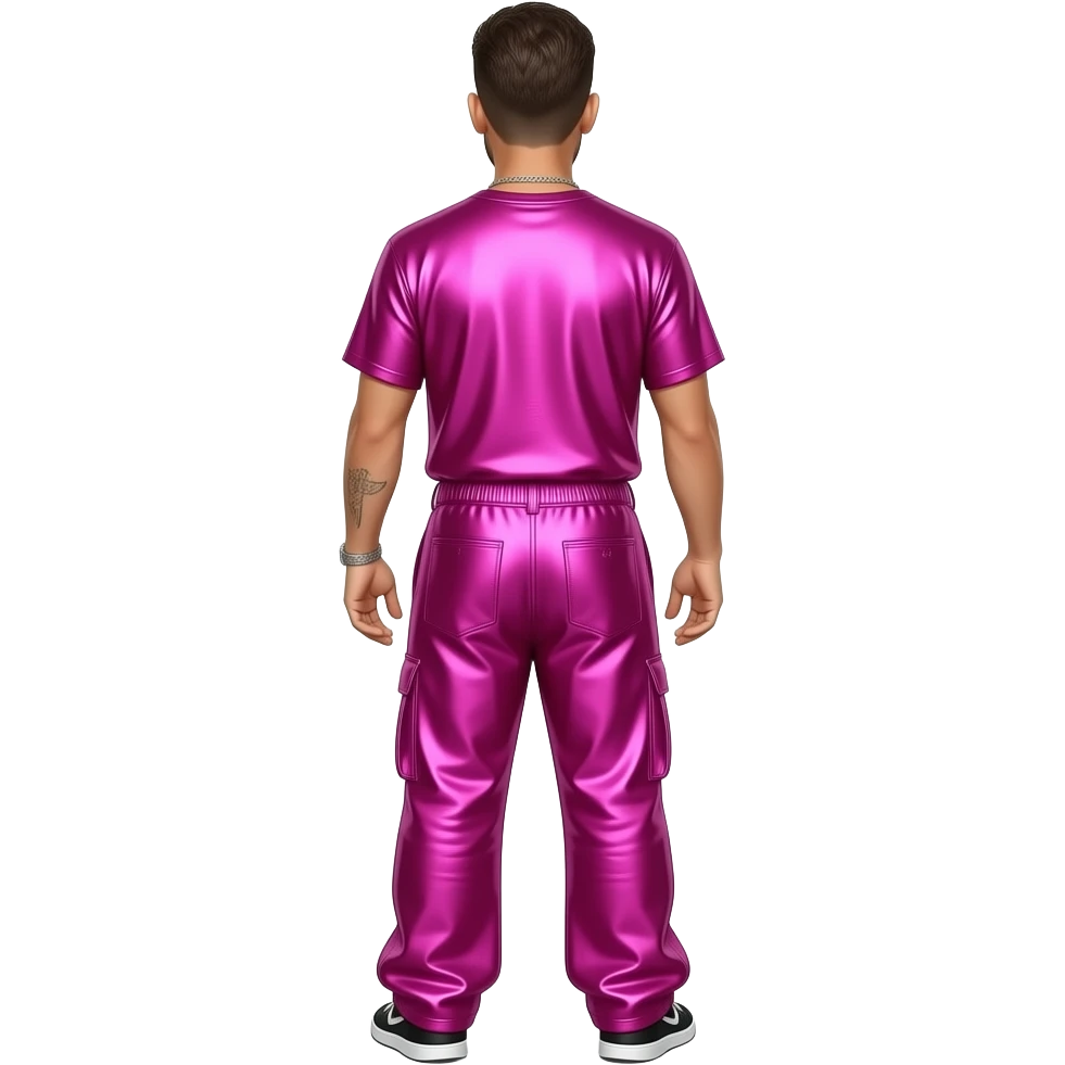 Robin Thicke from behind with hot pink metallic shirt, hot pink metallic saggy pants, necklace emoji