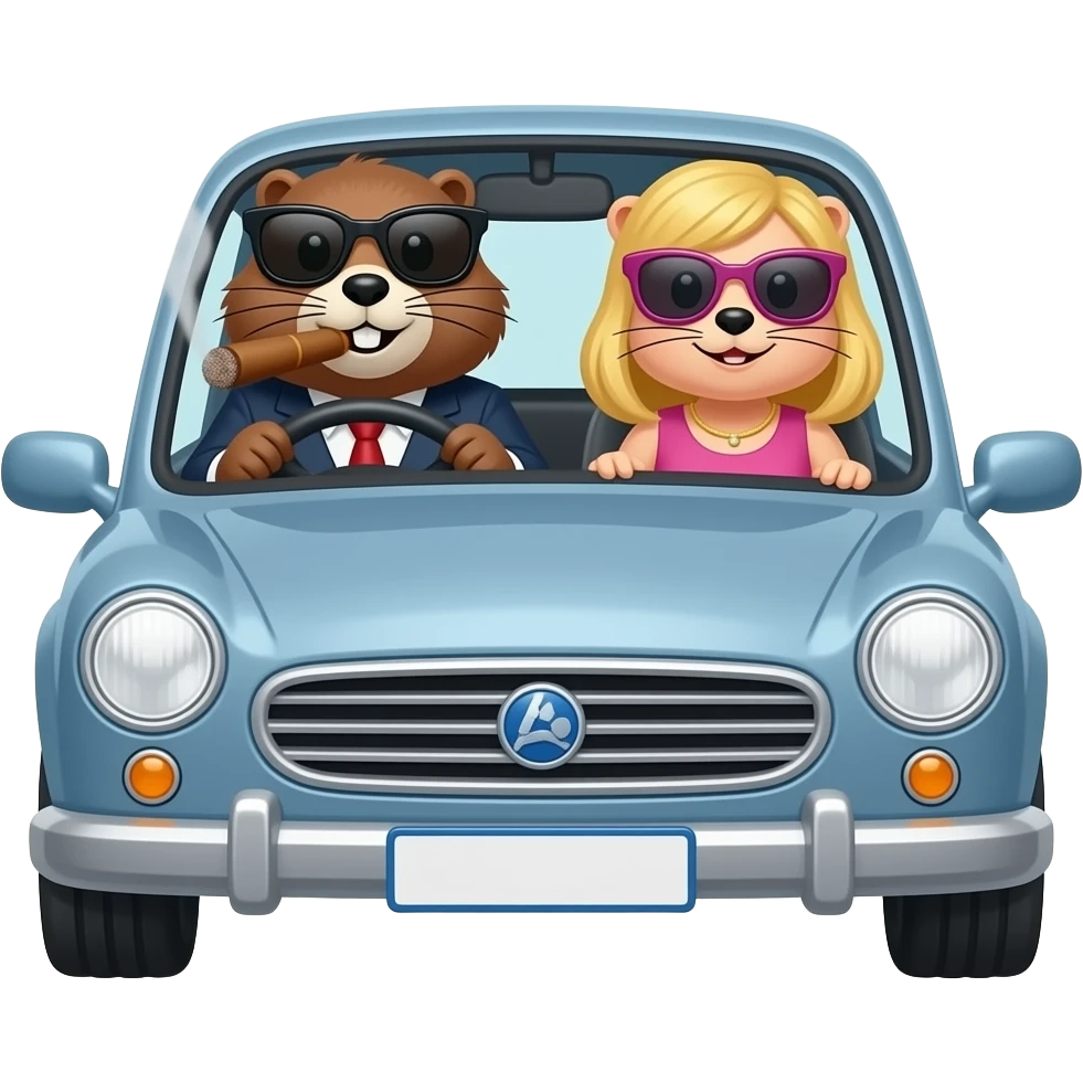 Marmotte au volant de voiture avec cigare et lunette de soleil et une autre marmotte blonde fashion à côté dans la voiture aussi avec lunette emoji