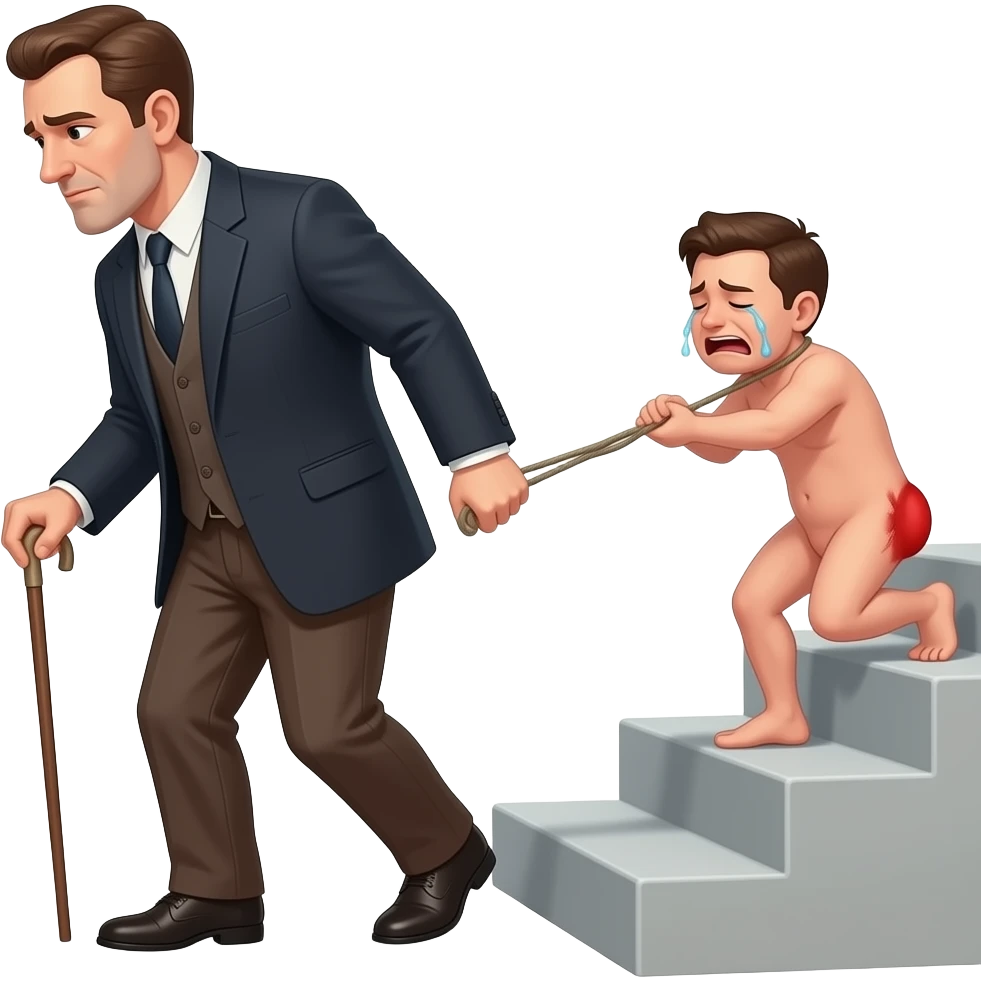 A stern clothed man with a thin whippy cane is leading and dragging a small, crying, naked man up a flight of stairs by the ear, his red buttocks are very bruised. emoji