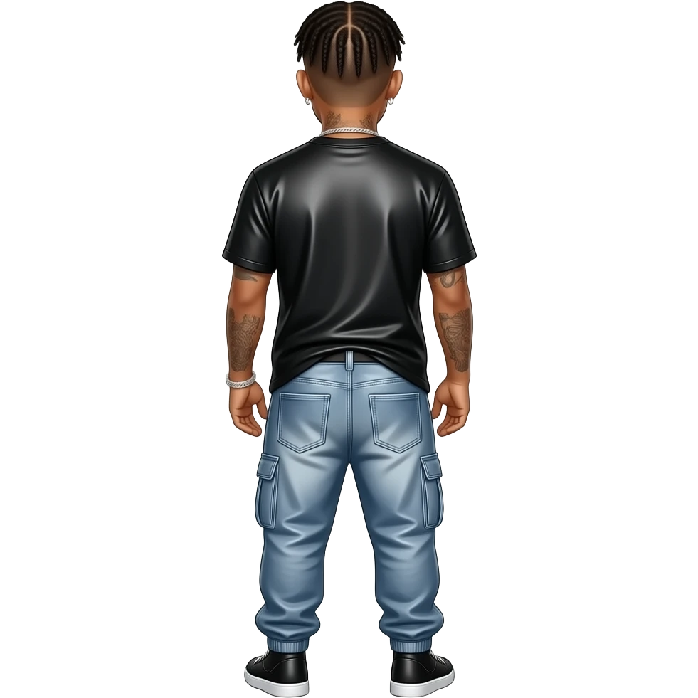 Drake from behind with black metallic t-shirt, greyish blue metallic harem pants, necklace and earrings emoji