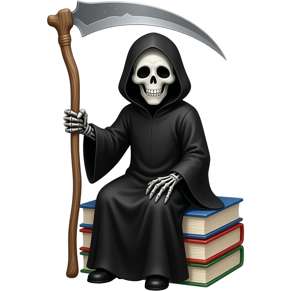 Grim reaper sitting on a stack of books with a scythe emoji