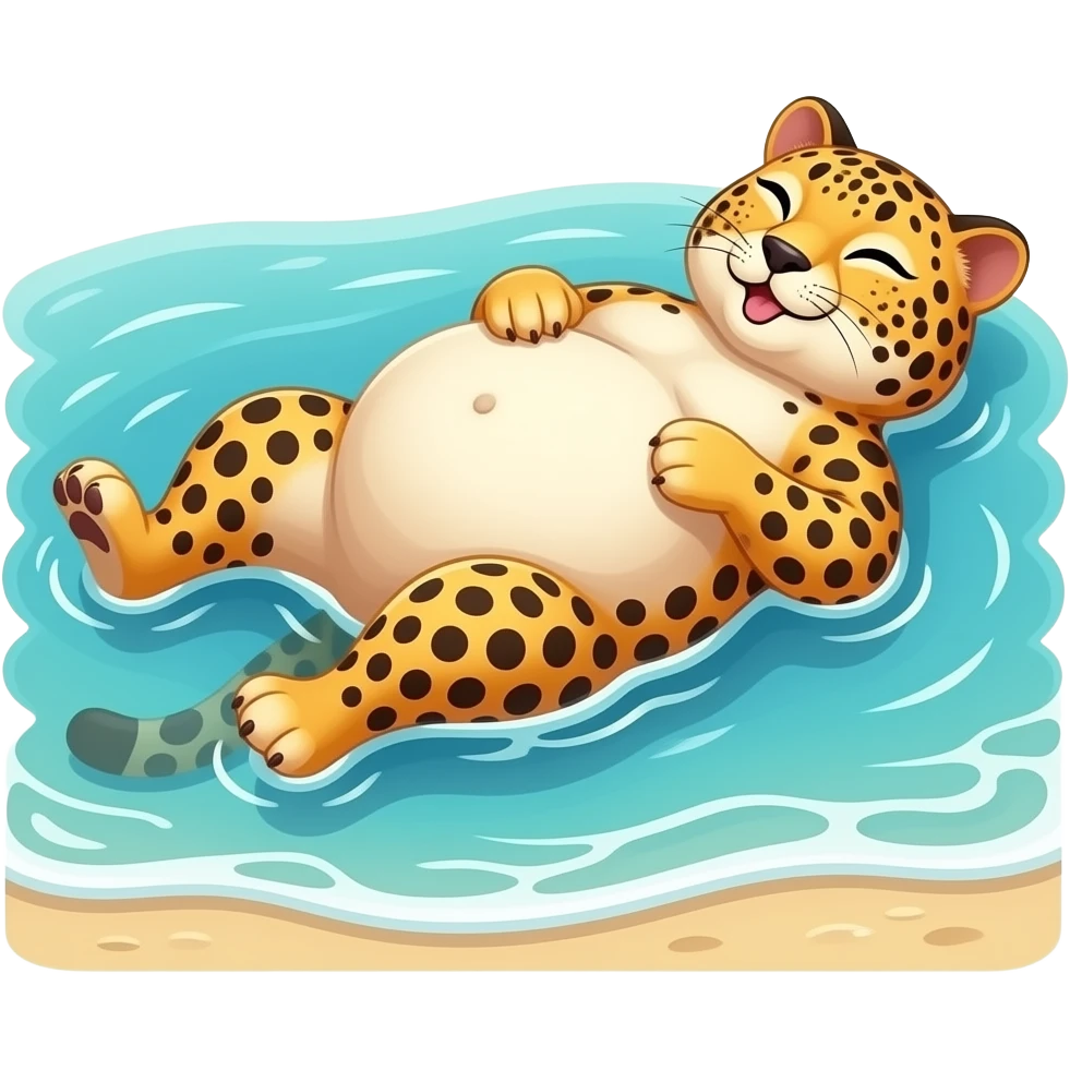 A cheetah enjoys beach holiday in her swimmers,but she is so full from a lunch break that she is about to burst,Then her fat Tummy rolls & drops out,she will just lay on her back in the shallow cool water,her gluttonous belly promotes a good resort business. emoji