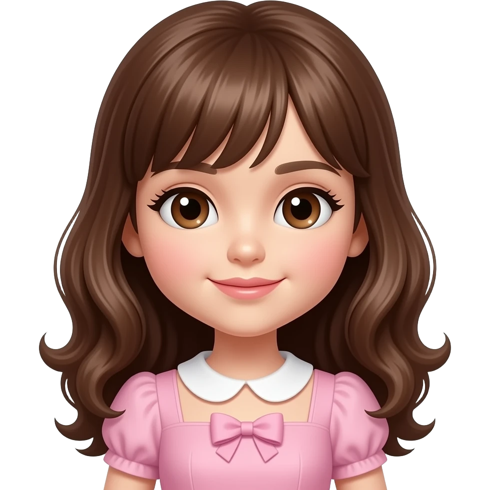 Cabello marrón, ojos cafés , vestido de muñeca rosa, piel de juguete emoji