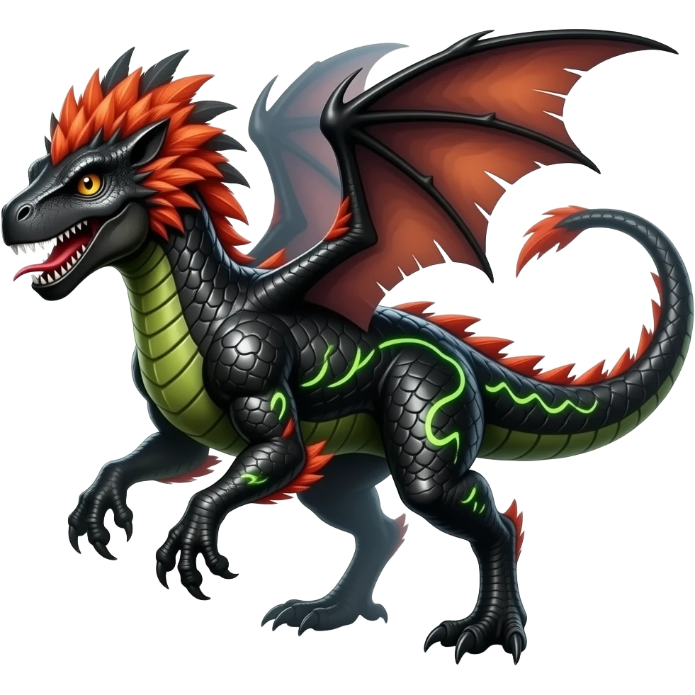 Shiny edgy cool badass Raptorik feathery spicy Furry scaly oily black with neon-markings Salandit-Salamence-Ekans-Seviper-Rapidash-Salazzle-Fakemon-hybrid emoji