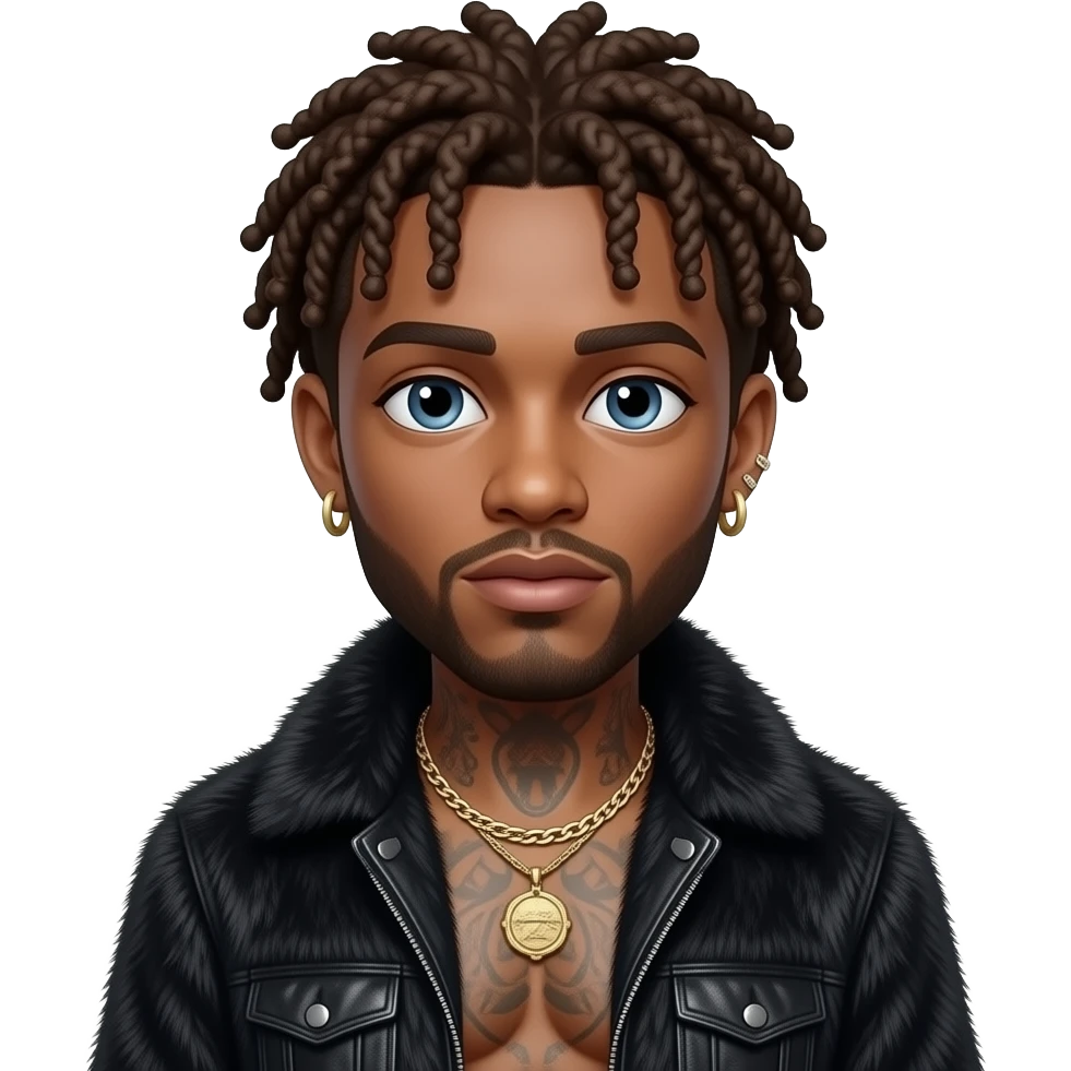 Jack Harlow, white hip hop rapper (b.1998) with pale skin, blue eyes, brown curly hair, black fur shawl, black metallic baggy pants, shirtless with necklace and earrings emoji