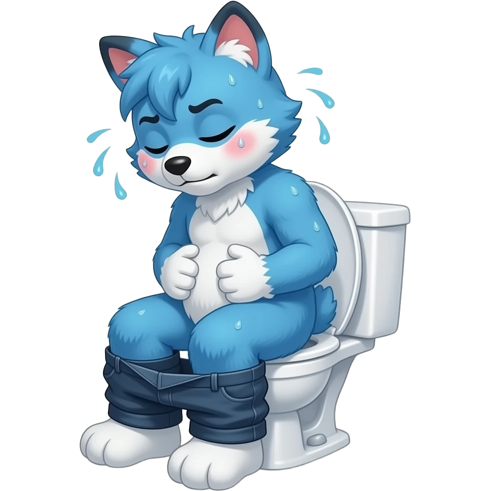 blue fursuit sitting on toilet, side view , pants down, pushing, eyes closed, straining face, red face, sweating, hands on stomach emoji