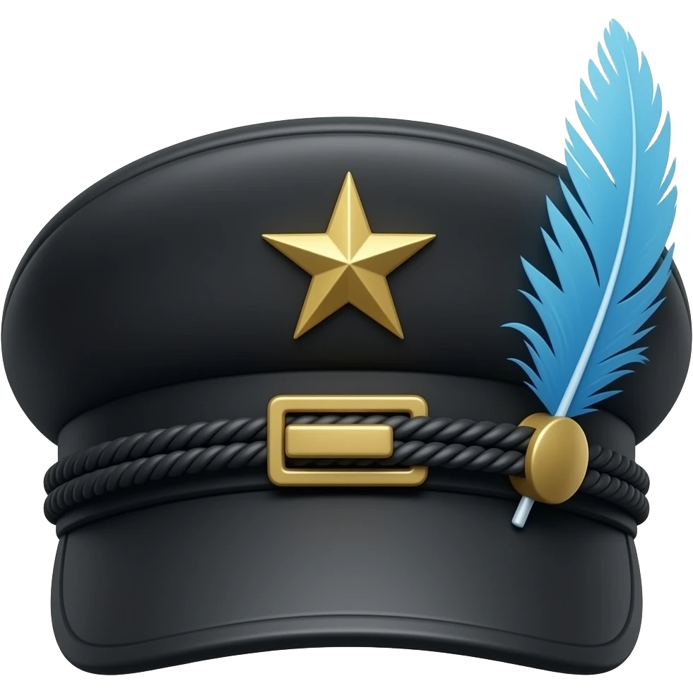 Black Breton Brixton fiddler cap with gold stars and crescent pins on the side, and a sky blue feather on the side emoji