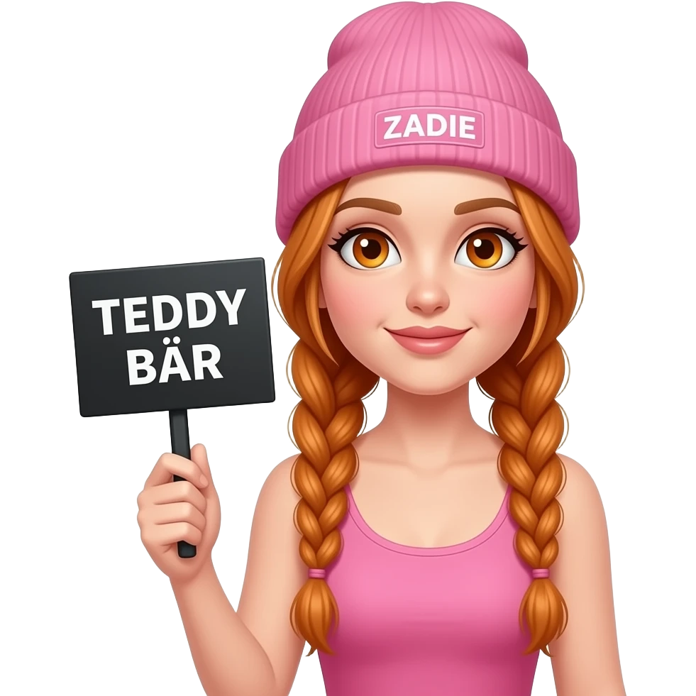 sexy girl with overlong ginger braids and ginger eyes wearing a pink tanktop and a pink beanie with ZADIE written on it, is holding a black sign with TEDDY BÄR written on it emoji