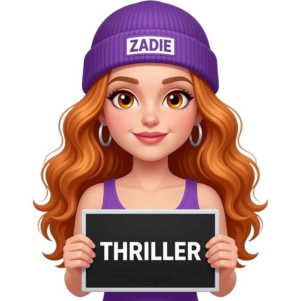 sexy girl with overlong wavy ginger hair and ginger eyes wearing a purple tanktop and a purple beanie with ZADIE written on it, is holding a black sign with THRILLER written on it emoji