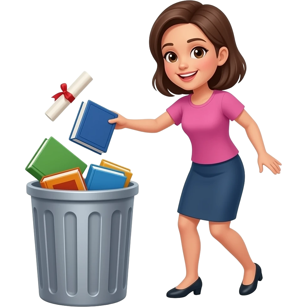 Woman throwing away law school textbooks in trash can emoji